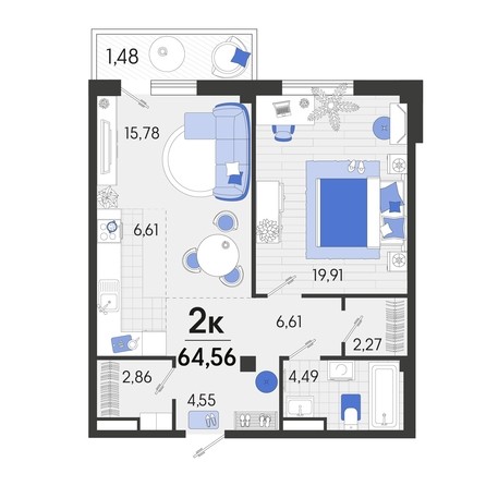 
   Продам 2-комнатную, 64.56 м², Белые росы, литера 7

. Фото 8.
