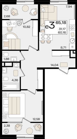 
   Продам 3-комнатную, 65.18 м², Патрики, литер 1.4

. Фото 7.