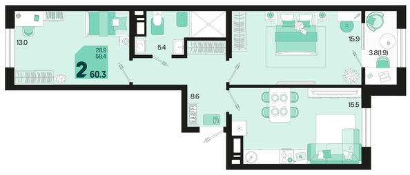 
   Продам 2-комнатную, 60.3 м², Первое место, квартал 1.3, литер 2

. Фото 2.