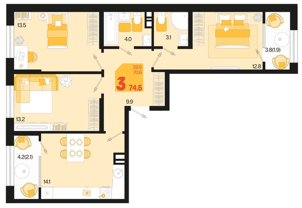 
   Продам 3-комнатную, 74.6 м², Первое место, квартал 1.2, литер 2

. Фото 1.