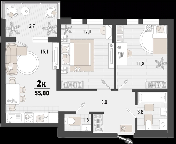 
   Продам 2-комнатную, 55.8 м², Барса, 4В литер

. Фото 2.