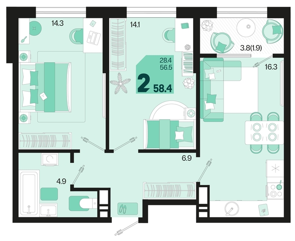 
   Продам 2-комнатную, 58.4 м², Первое место, квартал 1.2, литер 1

. Фото 2.