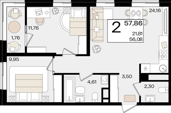 
   Продам 2-комнатную, 57.86 м², Патрики, литер 1.3

. Фото 7.