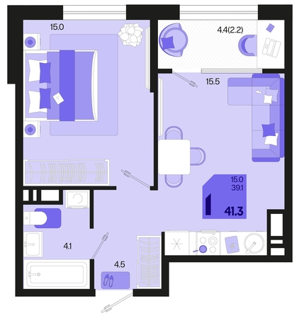 
   Продам 1-комнатную, 41.3 м², Первое место, квартал 1.3, литер 1

. Фото 2.