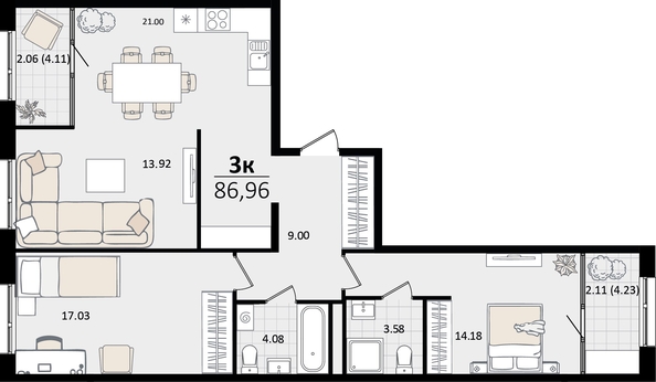 
   Продам 3-комнатную, 86.96 м², Патрики, литер 5.1

. Фото 8.