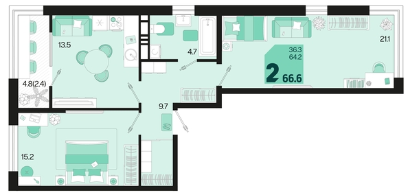 
   Продам 2-комнатную, 66.6 м², Первое место, квартал 1.1, литер 2

. Фото 18.