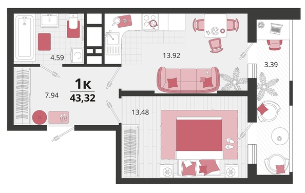 
   Продам 1-комнатную, 43.32 м², Родные просторы, литера 24

. Фото 4.