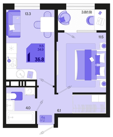 
   Продам 1-комнатную, 36.8 м², Первое место, квартал 1.3, литер 2

. Фото 1.