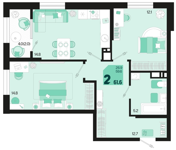 
   Продам 2-комнатную, 61.6 м², Первое место, квартал 1.1, литер 1

. Фото 1.