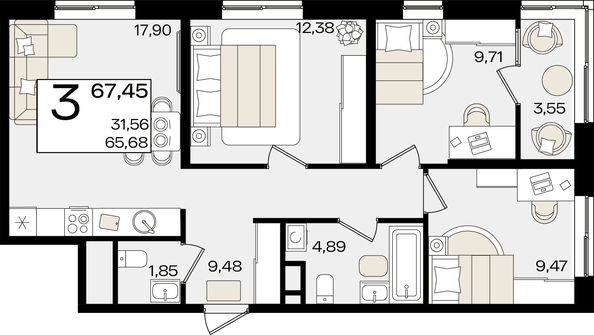 
   Продам 3-комнатную, 67.45 м², Патрики, литер 1.5

. Фото 8.