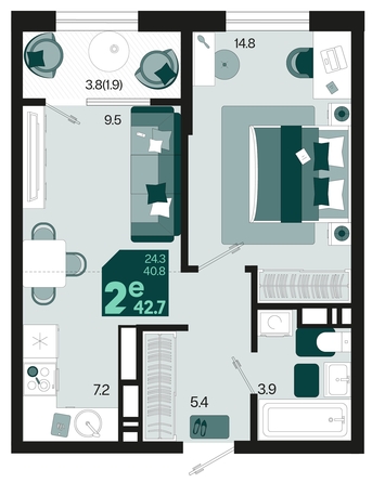 
   Продам 2-комнатную, 42.7 м², Первое место, квартал 1.10, литер 2

. Фото 1.