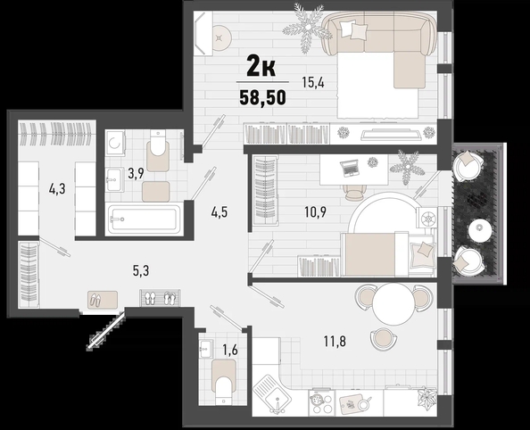 
   Продам 2-комнатную, 58.5 м², Барса, 1В литер

. Фото 18.