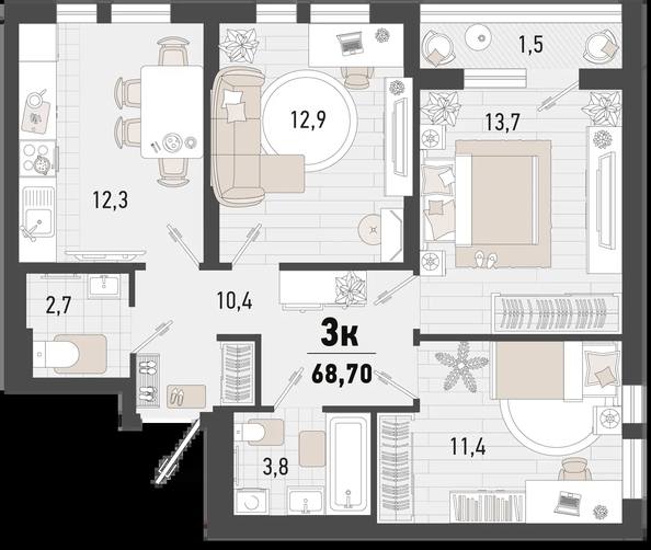 
   Продам 3-комнатную, 68.7 м², Барса, 3В литер

. Фото 12.