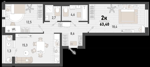 
   Продам 2-комнатную, 63.4 м², Барса, 3В литер

. Фото 2.