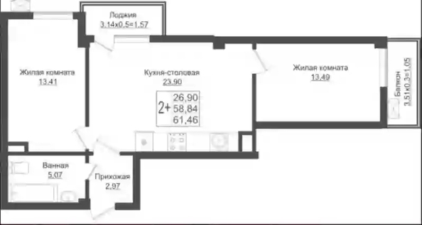 
   Продам 2-комнатную, 61.46 м², Карпатская ул, 1

. Фото 6.