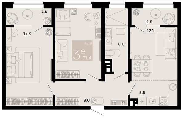 
   Продам 3-комнатную, 71.4 м², Хозяин морей, литер 1

. Фото 6.