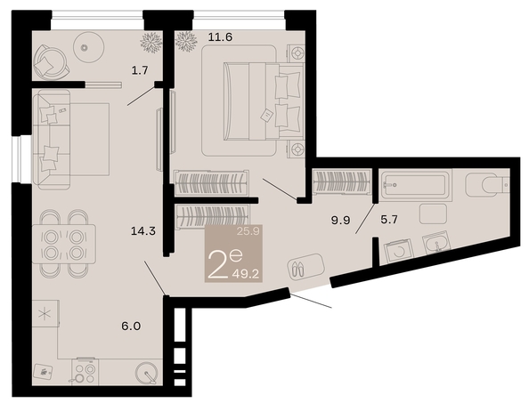 
   Продам 2-комнатную, 49.2 м², Хозяин морей, литер 2

. Фото 1.