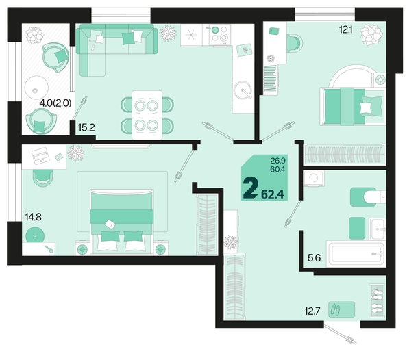 
   Продам 2-комнатную, 62.4 м², Первое место, квартал 1.4, литер 1

. Фото 1.