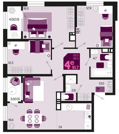 
   Продам 4-комнатную, 91.7 м², Первое место, квартал 1.4, литер 1

. Фото 1.