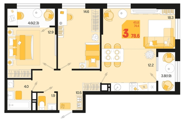 
   Продам 3-комнатную, 78.6 м², Первое место, квартал 1.4, литер 2

. Фото 1.