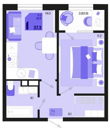 
   Продам 1-комнатную, 37.3 м², Первое место, квартал 1.4, литер 2

. Фото 12.