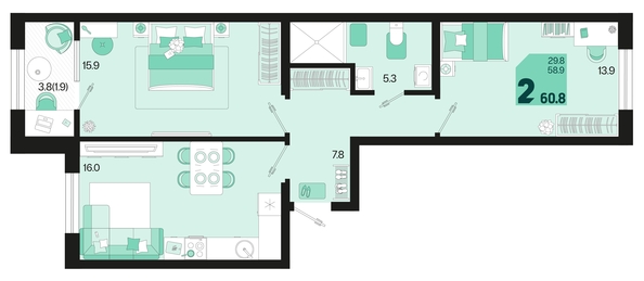 
   Продам 2-комнатную, 60.8 м², Первое место, квартал 1.4, литер 2

. Фото 1.