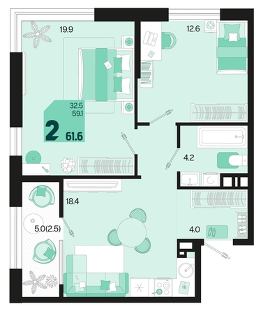 
   Продам 2-комнатную, 61.6 м², Первое место, квартал 1.5, литер 1

. Фото 12.