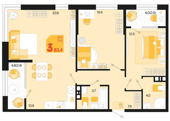 
   Продам 3-комнатную, 83.4 м², Первое место, квартал 1.5, литер 1

. Фото 12.