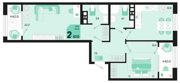 
   Продам 2-комнатную, 67 м², Первое место, квартал 1.5, литер 1

. Фото 1.