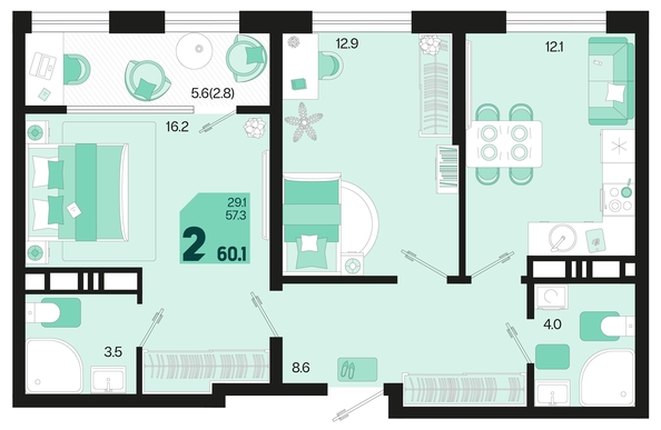 
   Продам 2-комнатную, 60.1 м², Первое место, квартал 1.5, литер 1

. Фото 1.