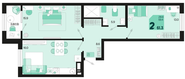 
   Продам 2-комнатную, 61.3 м², Первое место, квартал 1.5, литер 1

. Фото 1.