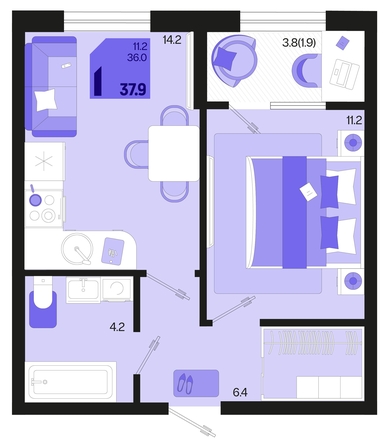 
   Продам 1-комнатную, 37.9 м², Первое место, квартал 1.5, литер 1

. Фото 1.