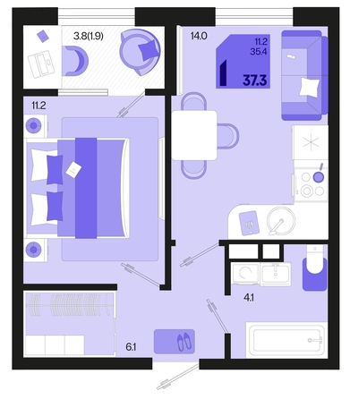 
   Продам 1-комнатную, 37.3 м², Первое место, квартал 1.5, литер 1

. Фото 12.