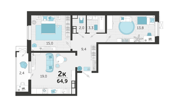 
   Продам 2-комнатную, 65.25 м², Автолюбителей ул, 1/Г  к2

. Фото 4.