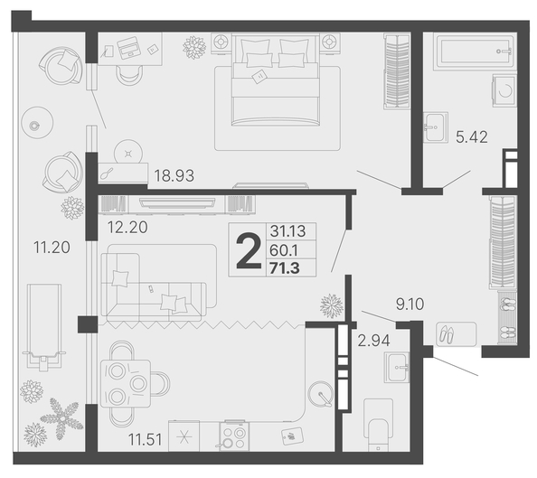 
   Продам 2-комнатную, 65.7 м², Светский лес, литер 3

. Фото 1.