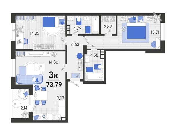 
   Продам 3-комнатную, 74.2 м², Белые росы, литера 8

. Фото 12.