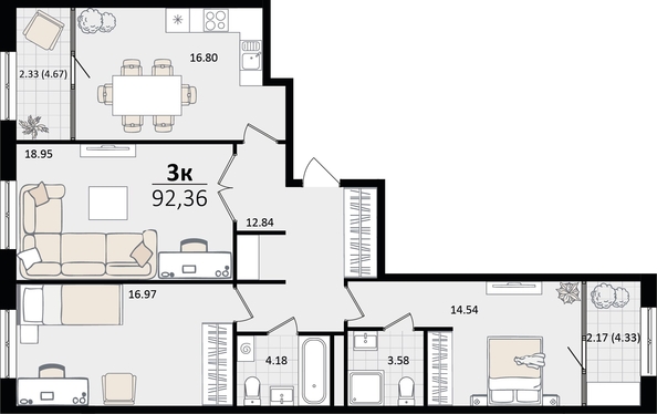 
   Продам 3-комнатную, 92.36 м², Патрики, литер 4.1

. Фото 4.