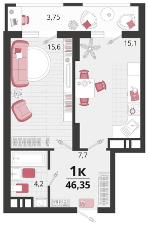 
   Продам 1-комнатную, 46.35 м², Родные просторы, литера 12

. Фото 4.