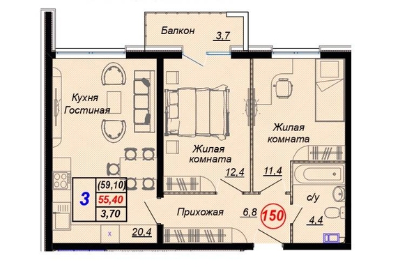 
   Продам 3-комнатную, 59.1 м², Российская ул, уч12

. Фото 2.