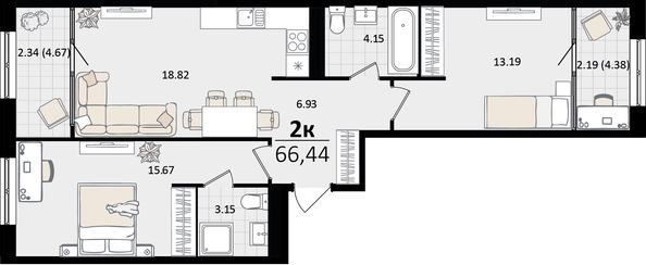 
   Продам 2-комнатную, 66.44 м², Патрики, литер 5.1

. Фото 4.