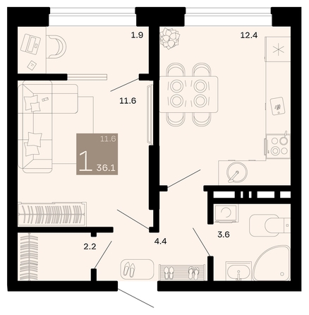 
   Продам 1-комнатную, 36.1 м², Хозяин морей, литер 1

. Фото 6.