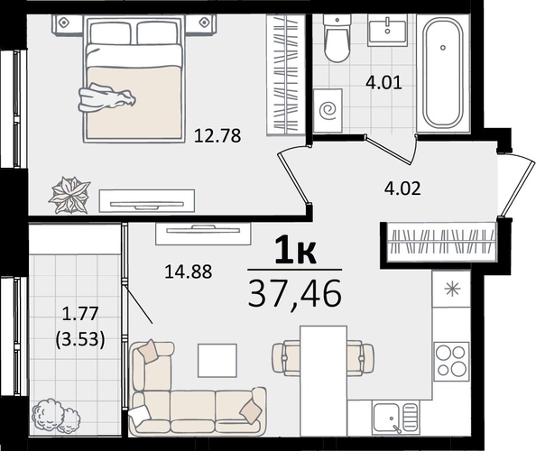 
   Продам 1-комнатную, 37.46 м², Патрики, литер 2

. Фото 7.