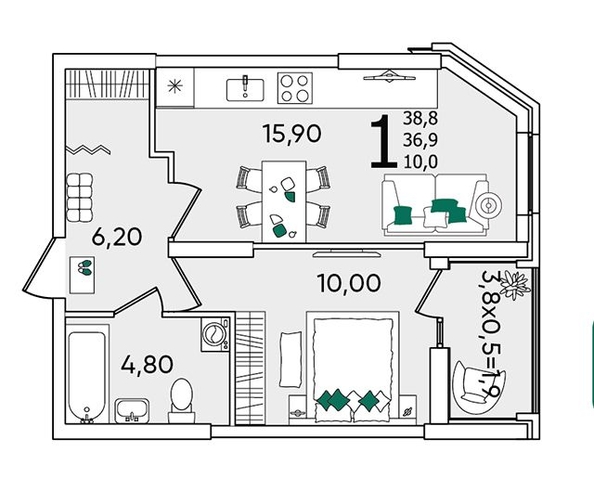 
   Продам 1-комнатную, 38.8 м², Любимово мкр, 16

. Фото 6.