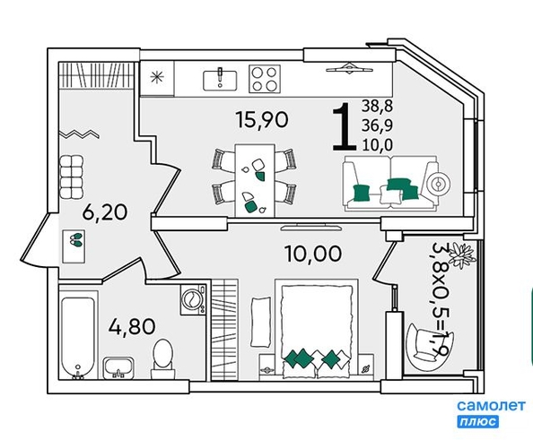 
   Продам 1-комнатную, 38.8 м², Любимово мкр, 16

. Фото 7.