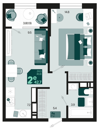 
   Продам 2-комнатную, 42.7 м², Первое место, квартал 1.1, литер 1

. Фото 6.