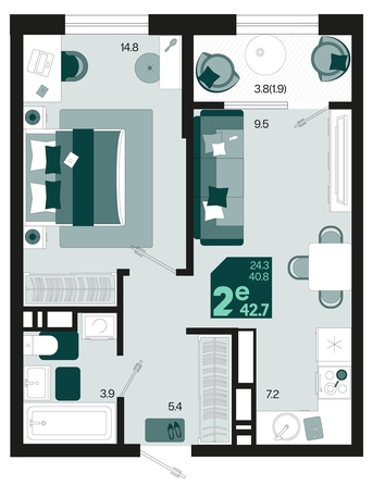 
   Продам 2-комнатную, 42.7 м², Первое место, квартал 1.4, литер 1

. Фото 11.