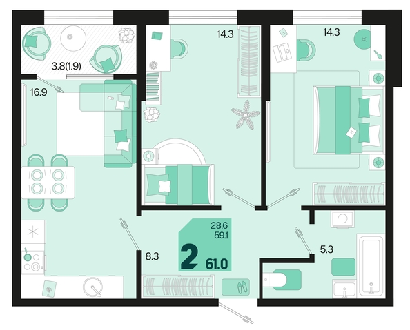 
   Продам 2-комнатную, 61 м², Первое место, квартал 1.6, литер 1

. Фото 6.