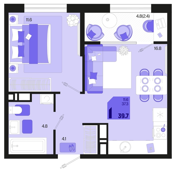 
   Продам 1-комнатную, 39.7 м², Первое место, квартал 1.6, литер 1

. Фото 6.