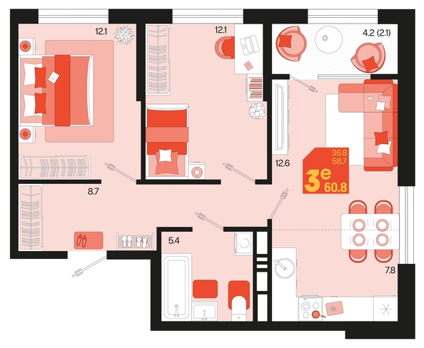 
   Продам 3-комнатную, 60.8 м², Первое место, квартал 1.6, литер 1

. Фото 11.