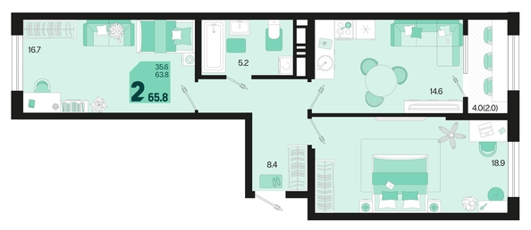 
   Продам 2-комнатную, 65.8 м², Первое место, квартал 1.6, литер 1

. Фото 6.